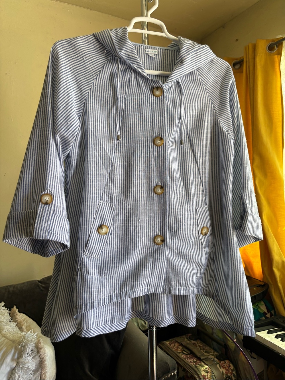 Nautical Beach Blue White Stripe Lagenlook Hooded Linen Blend Sigrid Olsen Large